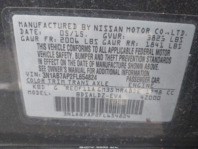 3N1AB7AP2FL654824 Nissan Sentra Fe+ S/s/sl/sr/sv