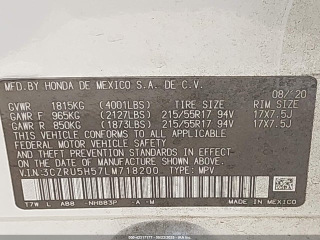 3CZRU5H57LM718200 Honda r18z9
