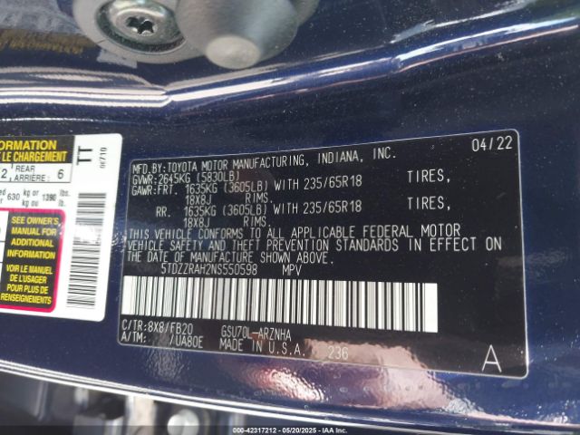 2022 TOYOTA HIGHLANDER 5TDZZRAH2NS550598 Photo 8