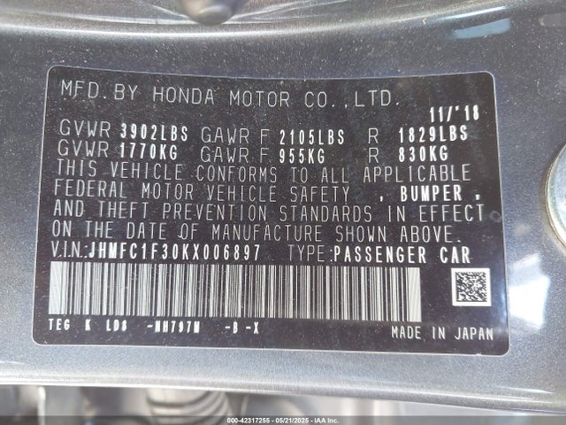 JHMFC1F30KX006897 Honda l15b7/l15by