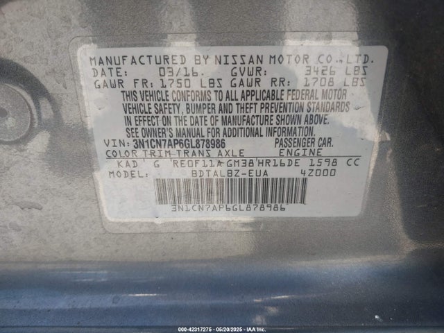 3N1CN7AP6GL878986 Nissan Versa 1.6 Sv