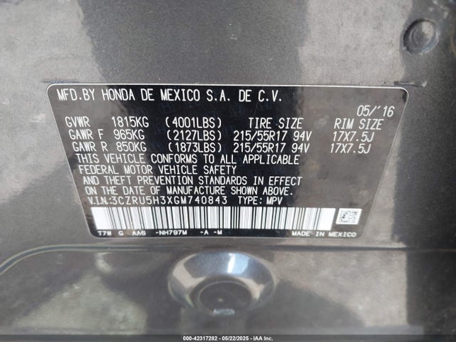 3CZRU5H3XGM740843 Honda r18z9