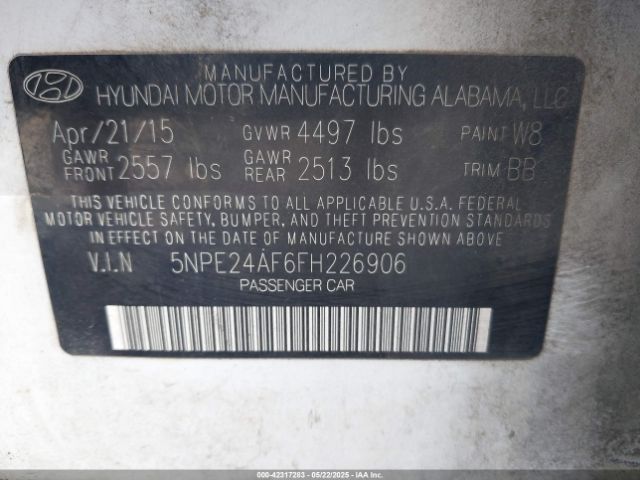 5NPE24AF6FH226906 Hyundai SONATA SE