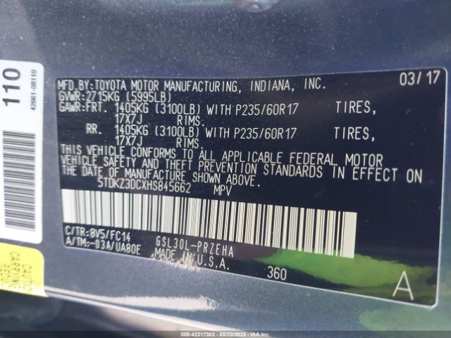 5TDKZ3DCXHS845662 Toyota Sienna Le 8 Passenger