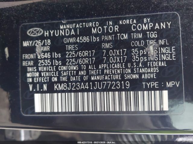 KM8J23A41JU772319 Hyundai TUCSON SE