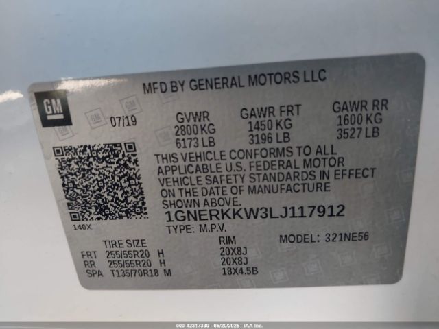 1GNERKKW3LJ117912 Chevrolet lfy - spark ignited direct injection, atss, gen 1
