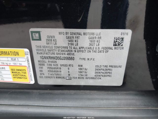 1GNKRHKD5GJ266560 Chevrolet Traverse 2lt