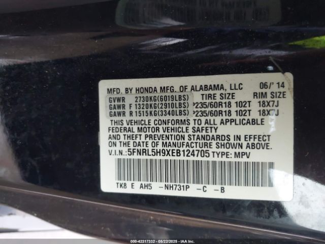 5FNRL5H9XEB124705 Honda Odyssey Touring/touring Elite