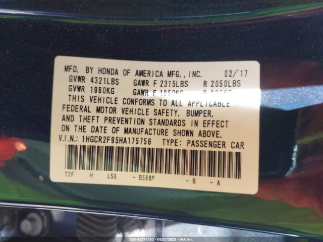 1HGCR2F95HA175758 Honda Accord Ex-l