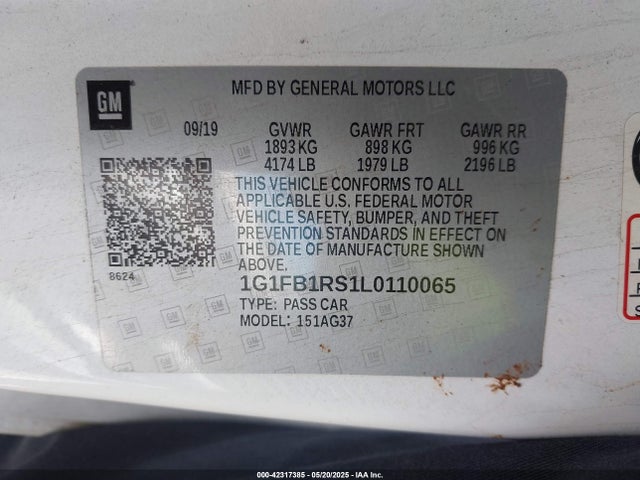Продажа на аукционе авто 2020 Chevrolet Camaro Rwd  1lt, vin: 1G1FB1RS1L0110065, номер лота: 42317385