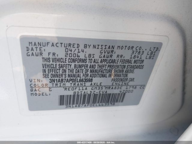 3N1AB7AP0EL663598 Nissan Sentra Fe+ S/fe+ Sv/s/sl/sr/sv