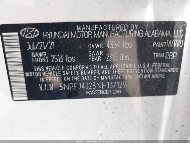 5NPEJ4J23NH137129 Hyundai Sonata Sel Plus