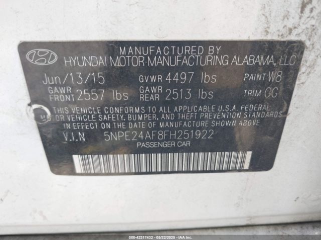5NPE24AF8FH251922 Hyundai SONATA SE
