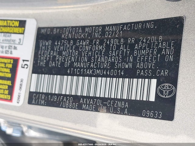 4T1C11AK3MU440014 Toyota a25a-fks