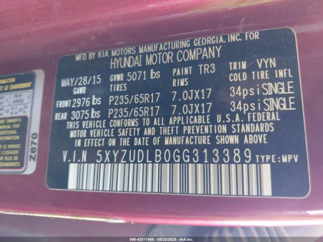 5XYZUDLB0GG313389 Hyundai Santa Fe Sport 2.4l