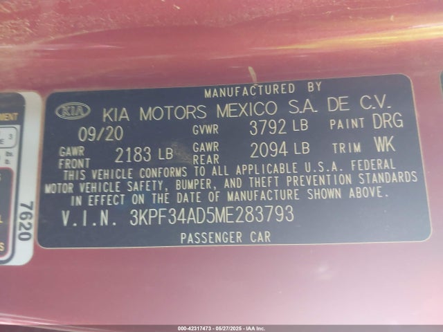 3KPF34AD5ME283793 KIA mpi nu