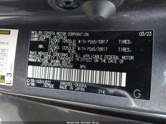 JTEFU5JR9P5290644 Toyota 1gr-fe