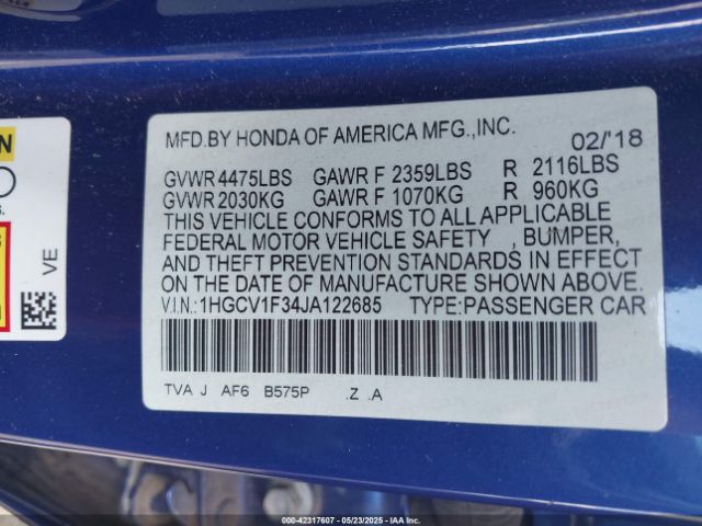 1HGCV1F34JA122685 Honda Accord Sport