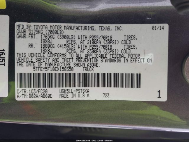 5TFEY5F10EX158350 Toyota Tundra Sr5 5.7l V8