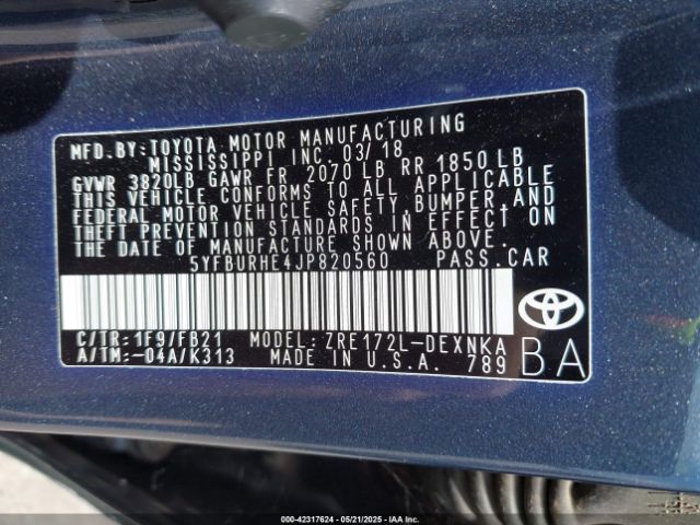 5YFBURHE4JP820560 Toyota COROLLA LE