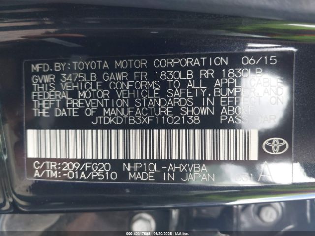 JTDKDTB3XF1102138 Toyota Prius C Two