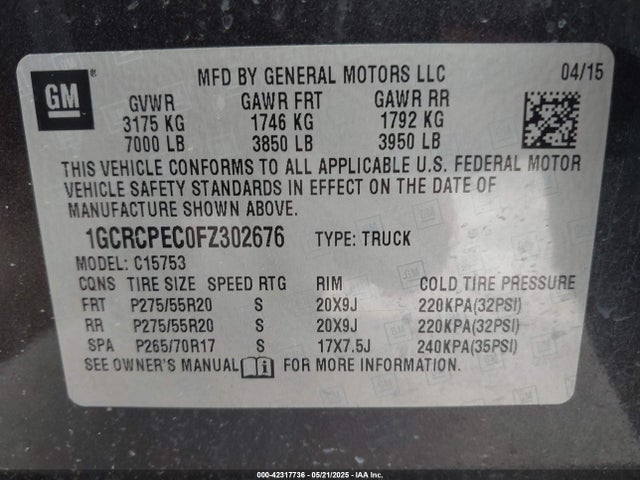 1GCRCPEC0FZ302676 Chevrolet Silverado 1500 Ls