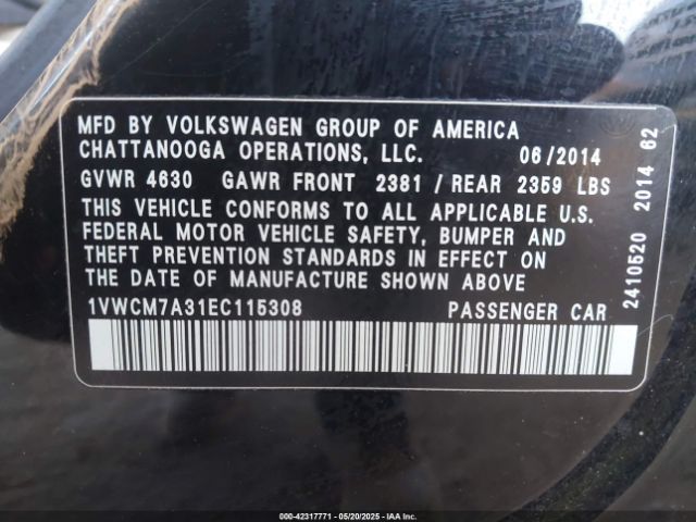 1VWCM7A31EC115308 Volkswagen Passat 3.6l V6 Sel Premium