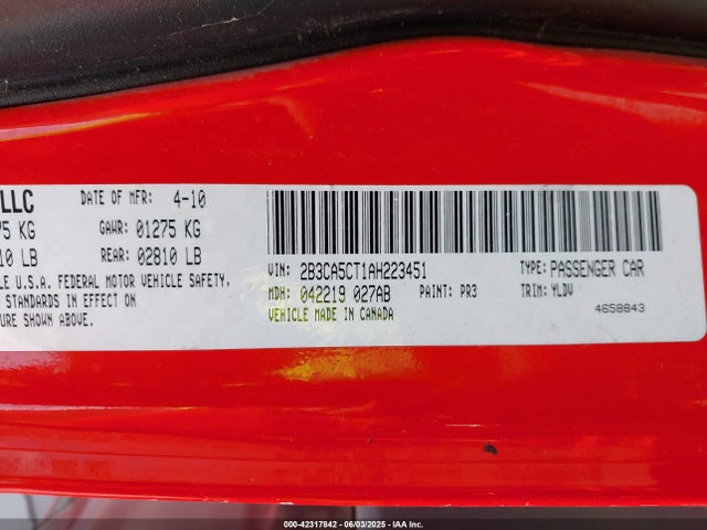 42317842 :رقم المزاد ، 2B3CA5CT1AH223451 vin ، 2010 Dodge Charger R/t مزاد بيع