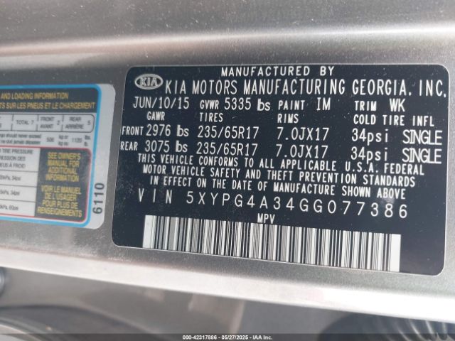5XYPG4A34GG077386 KIA Sorento 2.4l Lx