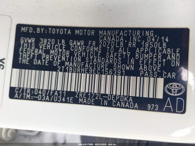 2T1BURHE9EC156391 Toyota COROLLA L