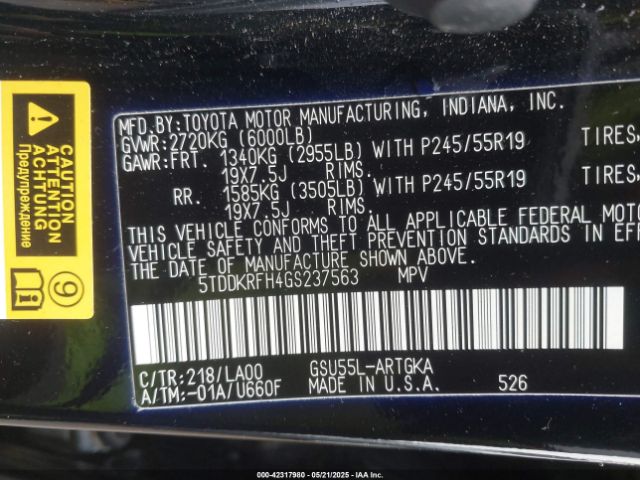 5TDDKRFH4GS237563 Toyota Highlander Limited Platinum V6