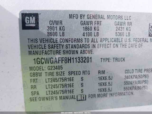 1GCWGAFF8H1133201 Chevrolet Express 2500 Work Van