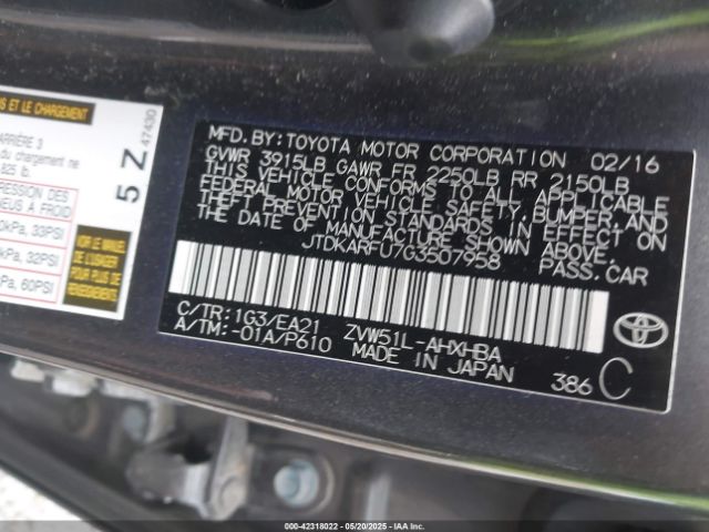 JTDKARFU7G3507958 Toyota Prius Three Touring