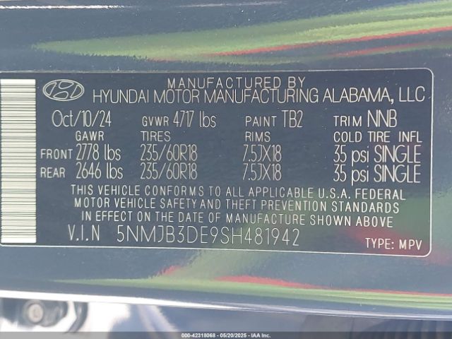5NMJB3DE9SH481942 Hyundai TUCSON SEL