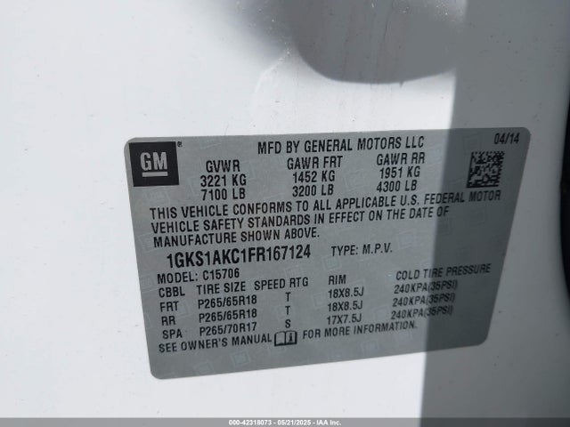 1GKS1AKC1FR167124 GMC l83 - vvt, active fuel management, aluminum