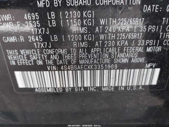 4S4BSAFCXK3351909 Subaru Outback 2.5i Premium