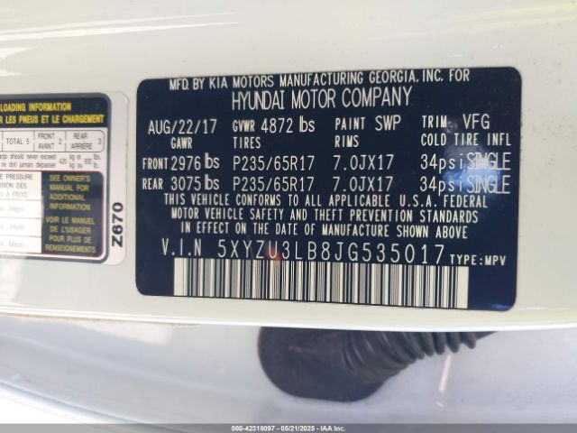 5XYZU3LB8JG535017 Hyundai Santa Fe Sport 2.4l