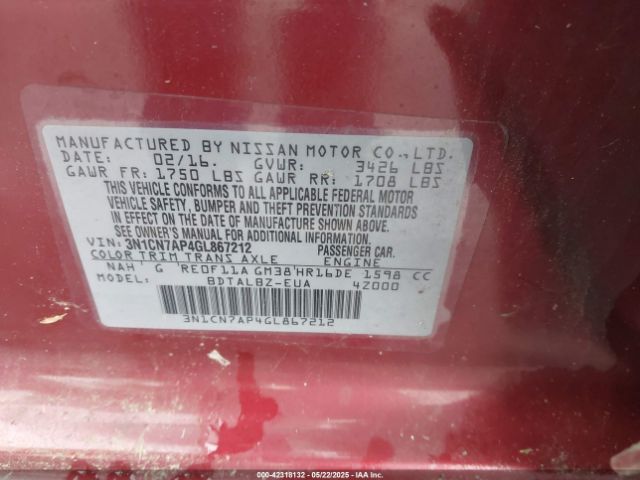 3N1CN7AP4GL867212 Nissan Versa 1.6 S/1.6 S+/1.6 Sl/1.6 Sv