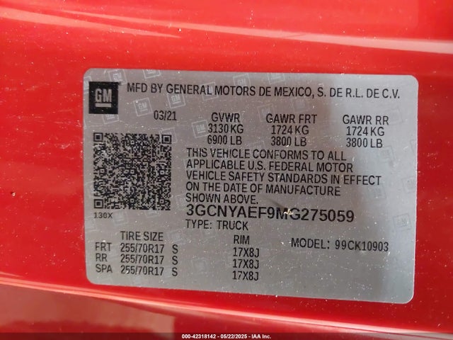 3GCNYAEF9MG275059 Chevrolet Silverado 1500 4wd  Long Bed Wt
