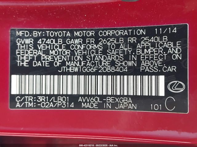 JTHBW1GG6F2088404 Lexus ES 300H