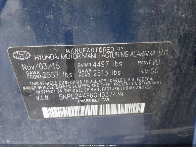 5NPE24AF6GH337439 Hyundai SONATA SE