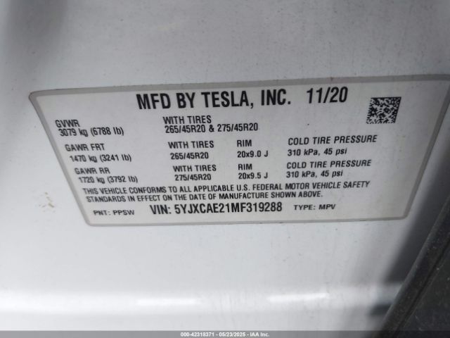 5YJXCAE21MF319288 Tesla Model X Long Range Dual Motor All-wheel Drive/long Range Plus Dual Motor All-wheel Drive