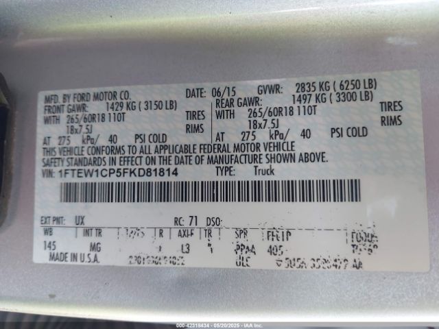 1FTEW1CP5FKD81814 Ford F-150 Xlt