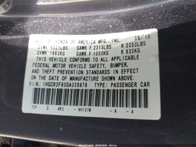 1HGCR2F80GA009878 Honda Accord Ex-l