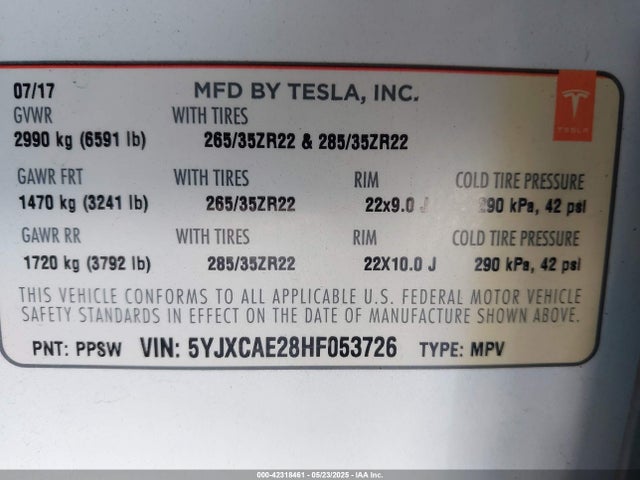 2017 TESLA MODEL X 5YJXCAE28HF053726 Photo 8