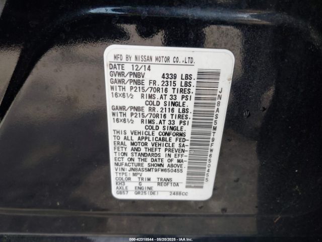 JN8AS5MT9FW650455 Nissan Rogue Select S