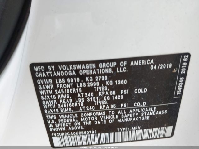 1V2UR2CA0KC560799 Volkswagen Atlas