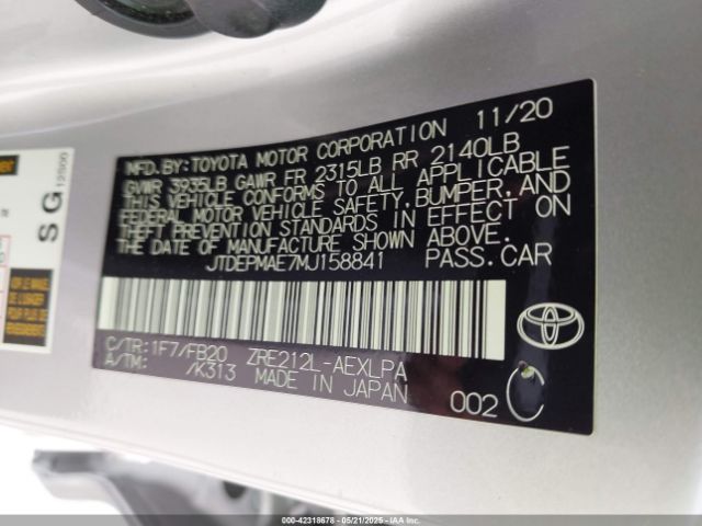 2021 TOYOTA COROLLA JTDEPMAE7MJ158841 Photo 8