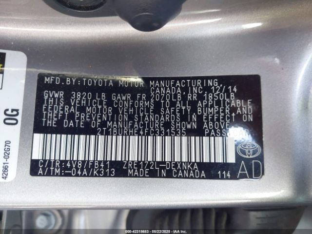 2T1BURHE4FC331535 Toyota COROLLA LE