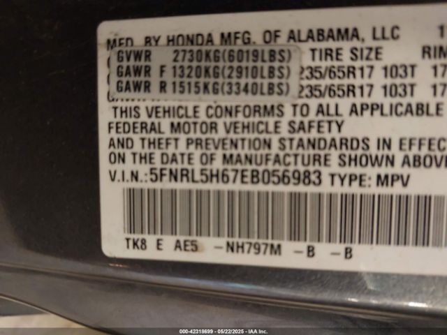 5FNRL5H67EB056983 Honda Odyssey Ex-l
